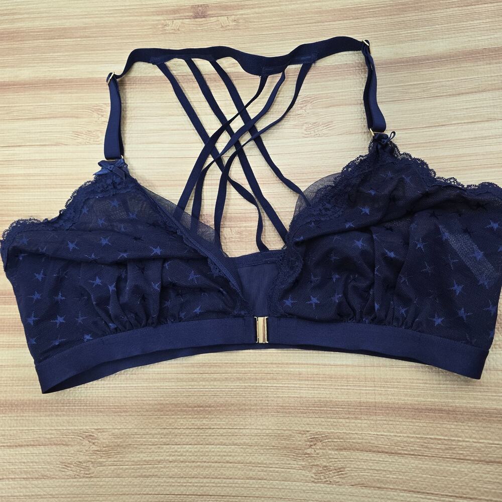 Cacique Navy Blue Stars Semi-Sheer Lace Mesh Front Clasp Bra Bralette Size 42D